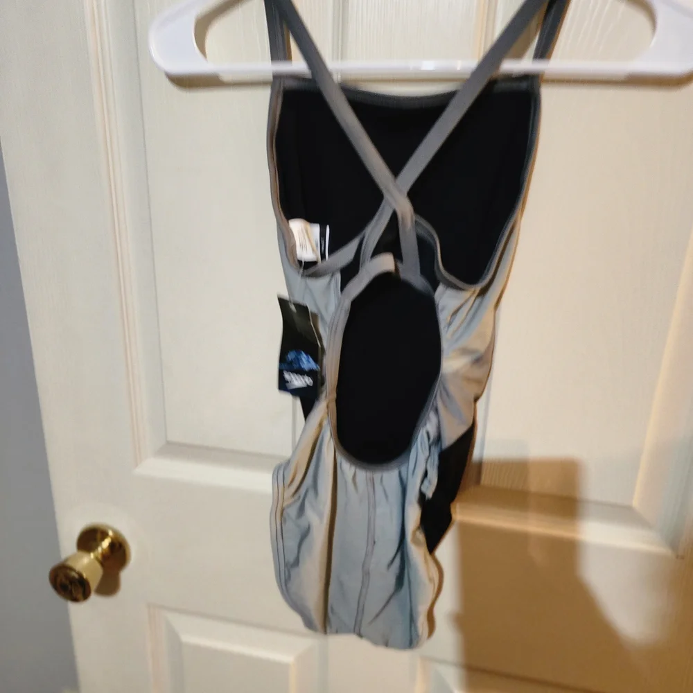 Speedo Women's Black and Gray One-Piece Swimsuit with Yellow Logo - Picture 5 of 5